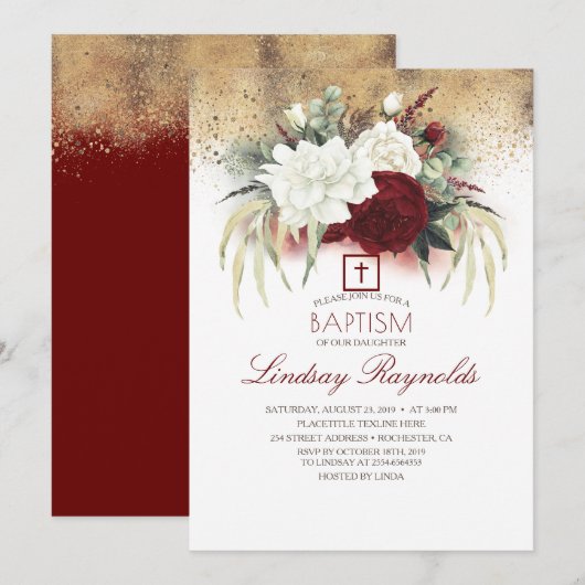 Burgundy Red en White Floral Elegant Baptisme Kaart (Voorkant / Achterkant)