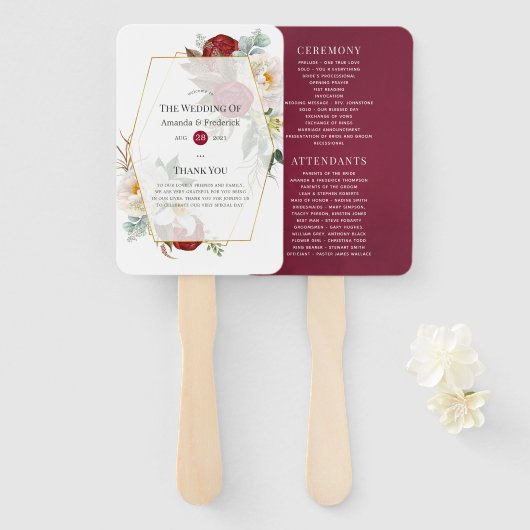 Burgundy Red en White Floral Geometric Wedding Handwaaier (Voorkant en achterkant)