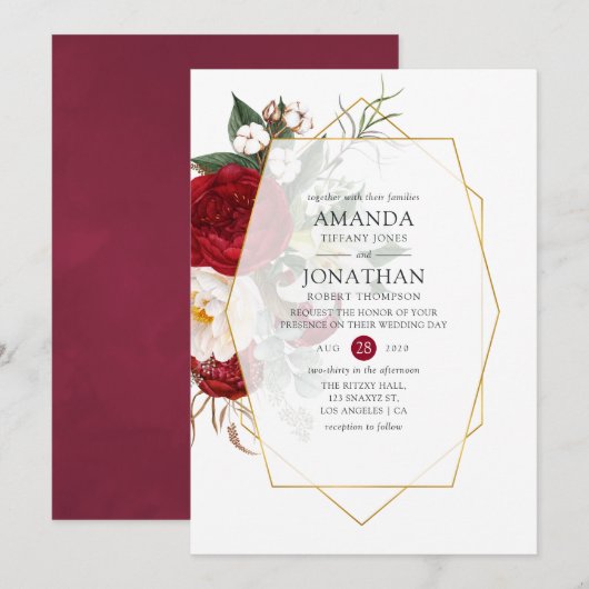 Burgundy Red en White Floral Geometric Wedding Kaart (Voorkant / Achterkant)