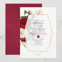 Burgundy Red en White Floral Geometric Wedding Kaart