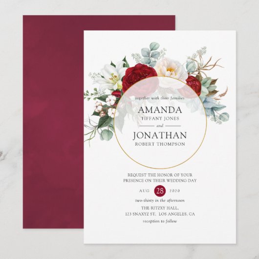 Burgundy Red en White Floral Geometric Wedding Kaart (Voorkant / Achterkant)