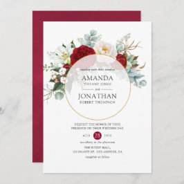 Burgundy Red en White Floral Geometric Wedding Kaart