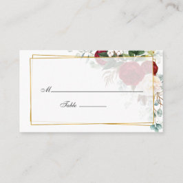 Burgundy Red en White Floral Geometric Wedding Plaatskaartje
