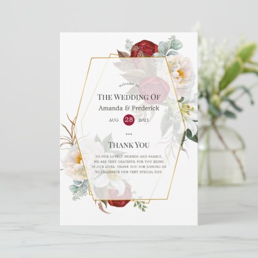 Burgundy Red en White Floral Geometric Wedding Programmakaart (Staand voorkant)