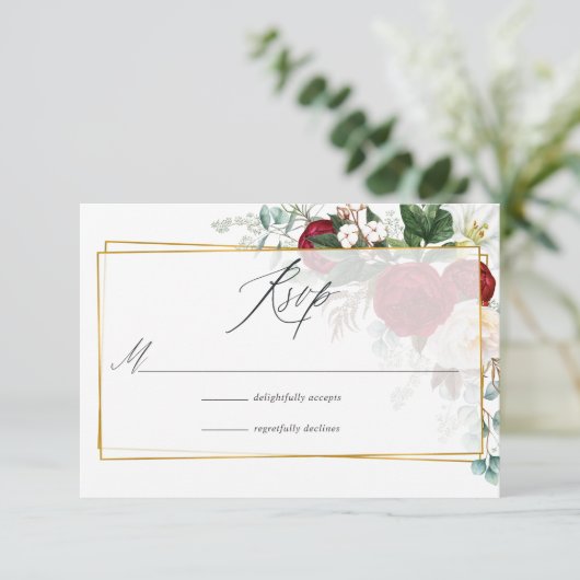 Burgundy Red en White Floral Geometric Wedding RSVP Kaartje (Staand voorkant)