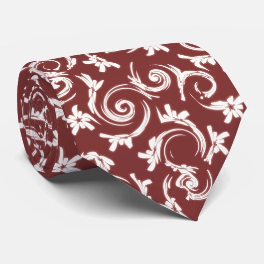 Burgundy Red en White Floral Swirl Pattern Stropdas (Opgerold)