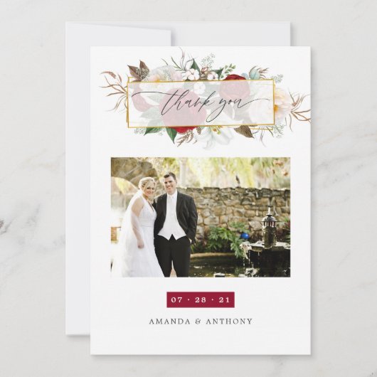 Burgundy Red en White Floral Wedding Photo Bedankkaart (Voorkant)