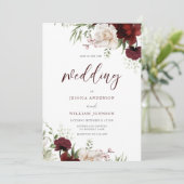 Burgundy Red en White Flowers Elegant Wedding Kaart (Staand voorkant)