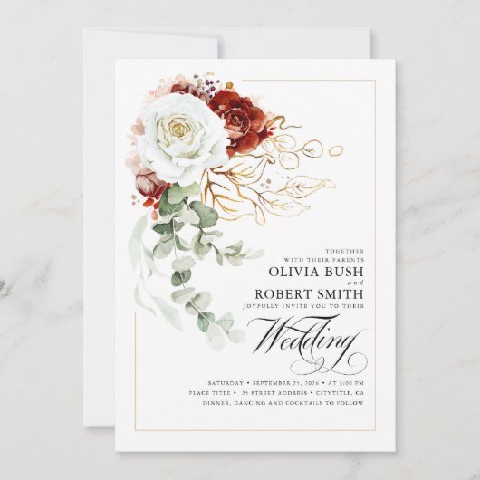 Burgundy Red en White Flowers Elegant Wedding Kaart (Voorkant)
