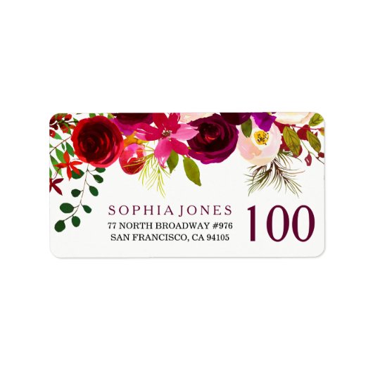 Burgundy Red Floral 100th Birthday-adreslabel Etiket (Voorkant)