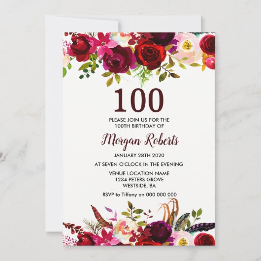 Burgundy Red Floral 100th Birthday Party Invite Kaart (Voorkant)