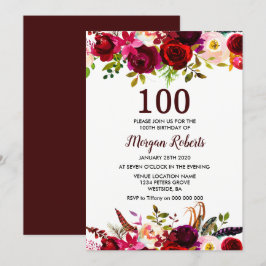 Burgundy Red Floral 100th Birthday Party Invite Kaart