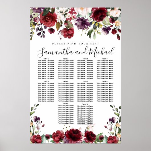 Burgundy Red Floral 10-tafel weddenschappen Poster (Voorkant)