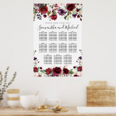 Burgundy Red Floral 11-tafel weddenschappen Poster (Keuken)