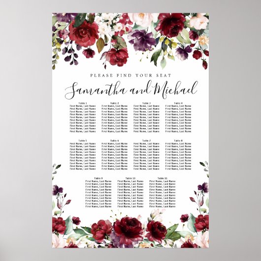 Burgundy Red Floral 11-tafel weddenschappen Poster (Voorkant)