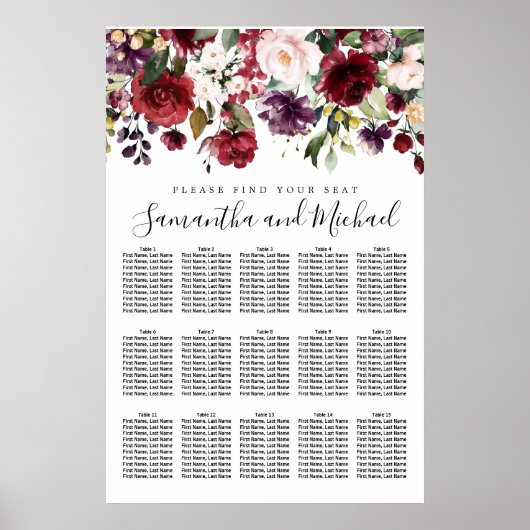 Burgundy Red Floral 15-tafel weddenschappen Poster (Voorkant)