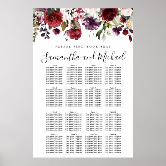 Burgundy Red Floral 16-tafel weddenschappen Poster (Voorkant)