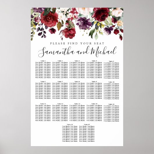 Burgundy Red Floral 17-tafel weddenschappen Poster (Voorkant)
