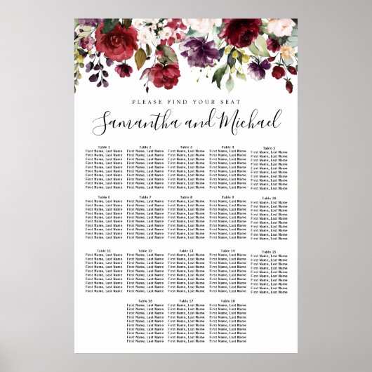 Burgundy Red Floral 18-tafel weddenschappen Poster (Voorkant)