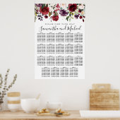 Burgundy Red Floral 19-tafel bruiloft Poster (Keuken)