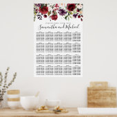 Burgundy Red Floral 20-tafel bruiloft Poster (Keuken)