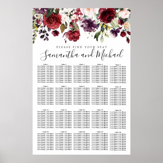 Burgundy Red Floral 20-tafel bruiloft Poster (Voorkant)