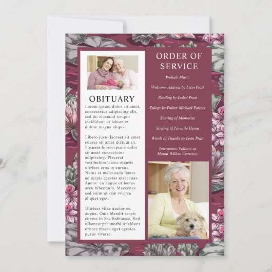 Burgundy Red Floral 3 Photo Funeral Programme (Achterkant)