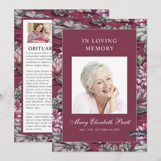 Burgundy Red Floral 3 Photo Funeral Programme (Voorkant / Achterkant)