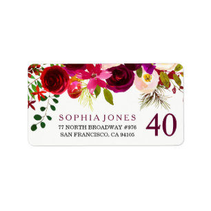 Burgundy Red Floral 40th Birthday-adreslabel Etiket