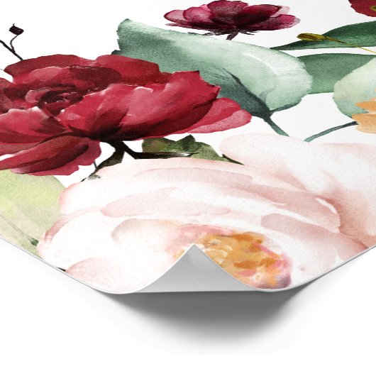 Burgundy Red Floral - 4-tafel weduwenkaart Poster (Hoek)