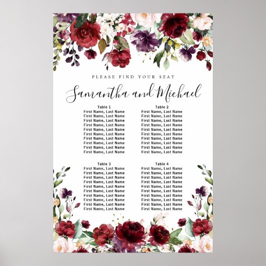 Burgundy Red Floral - 4-tafel weduwenkaart Poster (Voorkant)