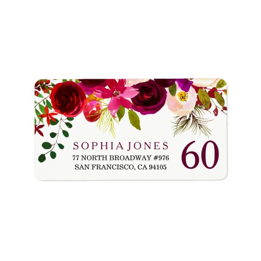 Burgundy Red Floral 60th Birthday-adreslabel Etiket (Voorkant)