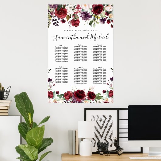 Burgundy Red Floral 6-tafel bruiloft Poster (Thuiskantoor)