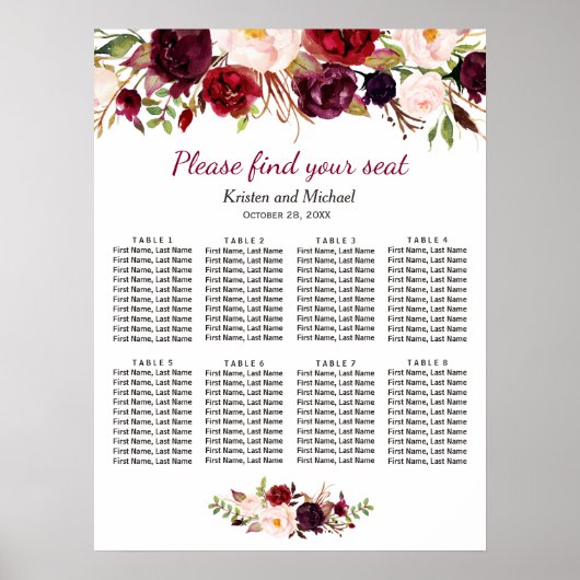 Burgundy Red Floral 8 Tables Wedding Seding Chart Poster (Voorkant)