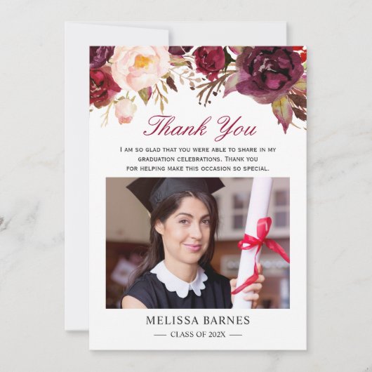Burgundy Red Floral Afstuderen Foto bedankt Kaart (Voorkant)