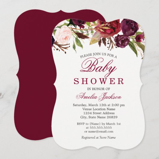 Burgundy Red Floral Baby shower Kaart (Voorkant / Achterkant)