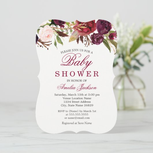 Burgundy Red Floral Baby shower Kaart (Staand voorkant)