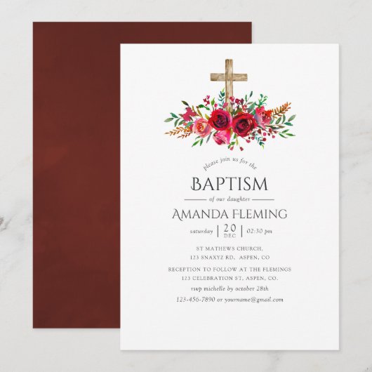 Burgundy Red Floral Baptism of Christening Kaart (Voorkant / Achterkant)