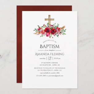 Burgundy Red Floral Baptism of Christening Kaart