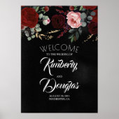 Burgundy Red Floral Black Weduwen Welkomstteken Poster (Voorkant)