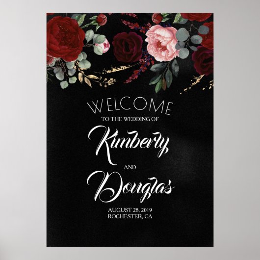 Burgundy Red Floral Black Weduwen Welkomstteken Poster (Voorkant)