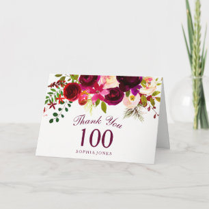 Burgundy Red Floral Boho 100th Birthday Hartelijk Bedankkaart