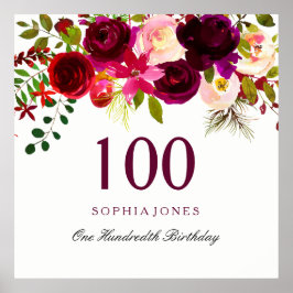 Burgundy Red Floral Boho 100th Birthday Party Poster