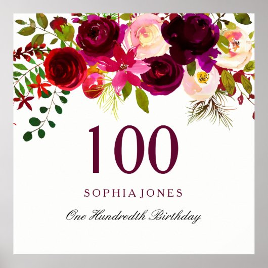 Burgundy Red Floral Boho 100th Birthday Party Poster (Voorkant)