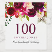 Burgundy Red Floral Boho 100th Birthday Party Wijn Etiket (Enkel label)