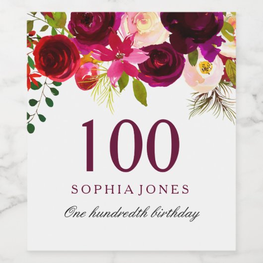Burgundy Red Floral Boho 100th Birthday Party Wijn Etiket (Enkel label)