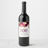 Burgundy Red Floral Boho 100th Birthday Party Wijn Etiket (Voorkant)