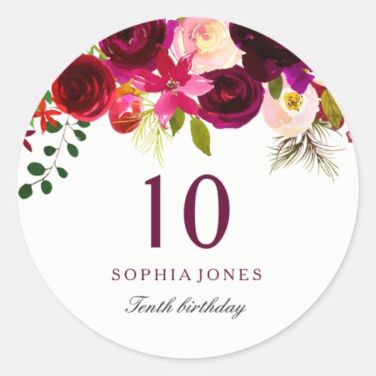 Burgundy Red Floral Boho 10e verjaardag Ronde Sticker (Voorkant)