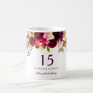 Burgundy Red Floral Boho 15e verjaardag Gift Koffiemok