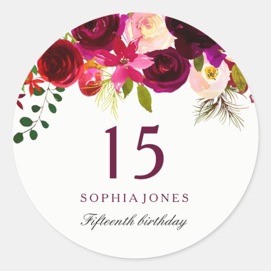 Burgundy Red Floral Boho 15e verjaardag Ronde Sticker (Voorkant)